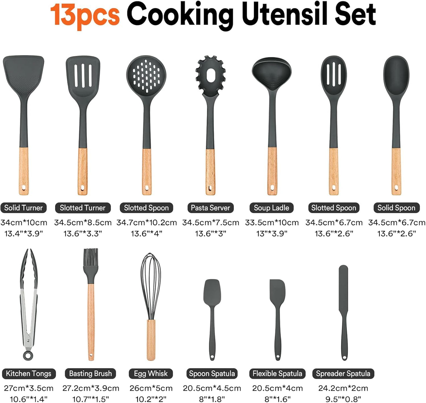Kitchen Utensils Set, 13PCS Silicone Cooking Utensils, Heat Resistant Kitchen Utensil Spatula Set for Nonstick Cookware, Wooden Handles Kitchen Gadgets Tools Set