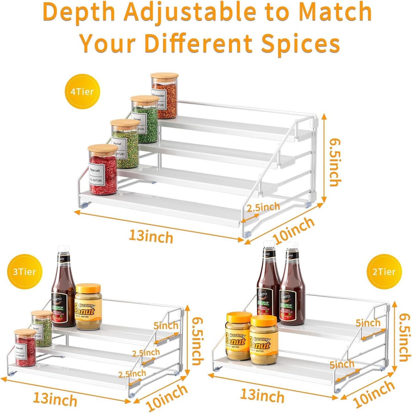RCHYFEED Spice Rack Organizer for Cabinet,4 Tier Spice Organization for Cabinet Easy Visibility,Tierd Spice Rack Seasoning Organizer for Kitchen Countertop Pantry,Metal(White, 2Pack)