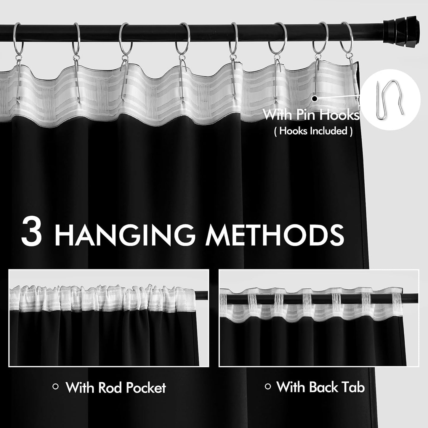 MIULEE Black Back Tab Blackout Curtains 63 Inches Long 2 Panels Set for Living Room Bedroom Privacy, Halloween Rod Pocket/Pinch Pleat Thermal Insulated Room Darkening Pleated Light Blocking Drapes