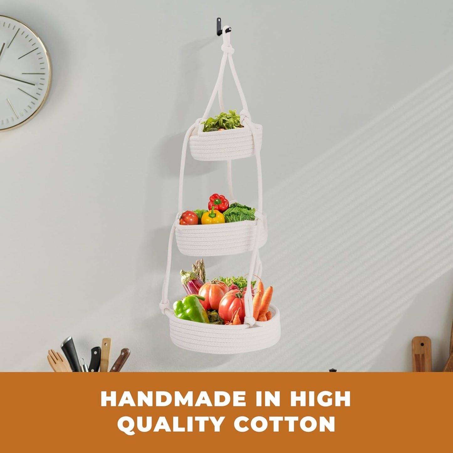 REGAL TRUNK Hanging Fruit Baskets for Kitchen - 3 tiers Fruit Baskets Hanger - Macrame Fruit Hammock - White Boho Wall Decor - Produce and Vegetable Tiered Storage Holder - 3x10x27.5 in