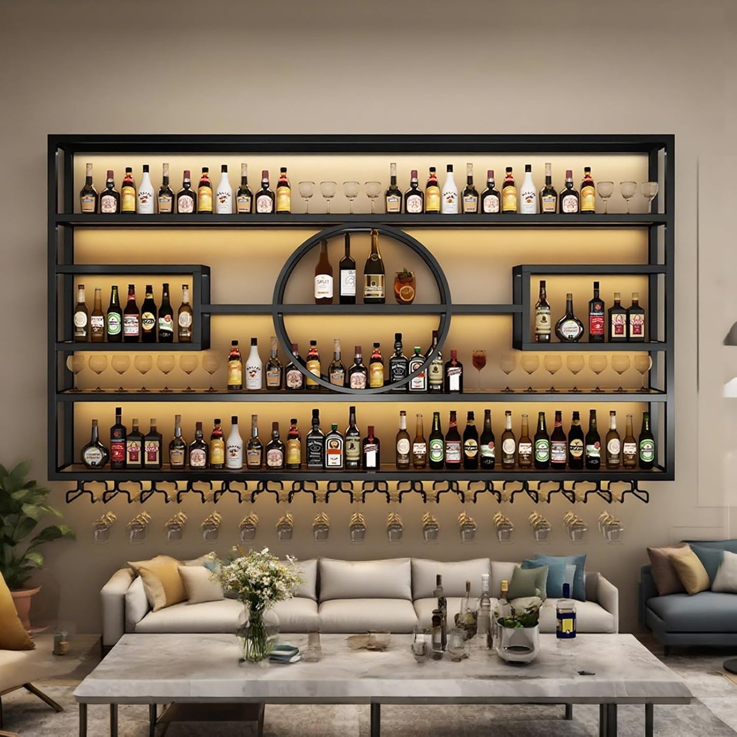 47.2in Wall Mounted Wine Rack, Modern Metal Wine Bottle and Glass Holder, Iron Display Stand Decorative Wine Rack, for Bar Living Room Dining Room Background (Black, 47.2 * 8 * 51INCHES)