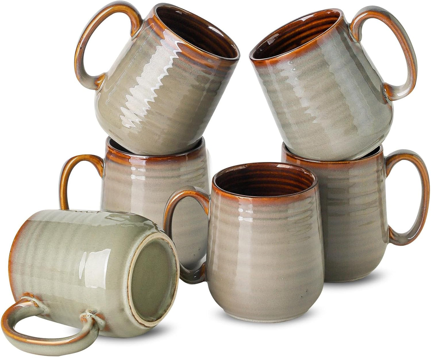 Hasense 12 oz Coffee Mugs, Ceramic Coffee Cups Set of 6, Stoneware Latte Mug with Large Handle for Coffee, Tea, Milk and Chocolate, Easy Hold & Clean, Dishwasher & Microwave Safe, Light Grey