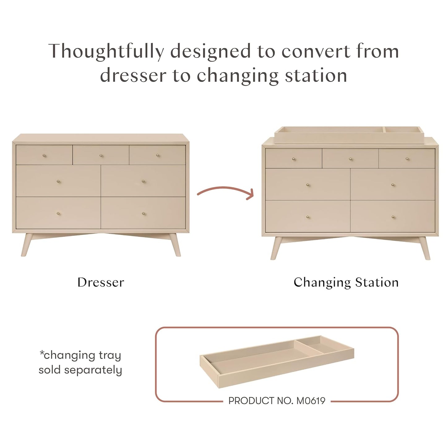 babyletto Palma 7-Drawer Assembled Double Dresser in Taupe, Greenguard Gold Certified