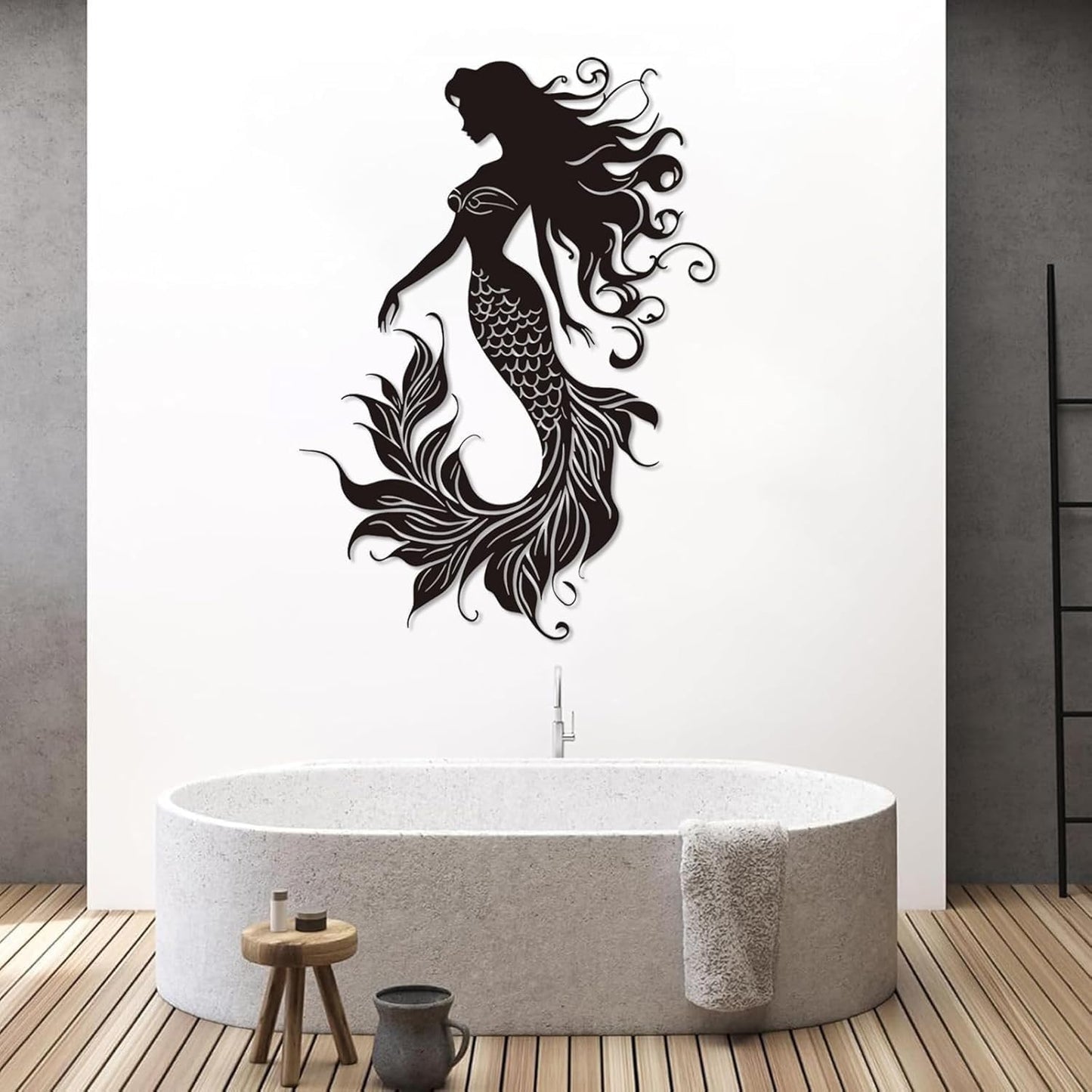 Veplsur Mermaid Metal Wall Art, Metal Mermaid Wall Decor, Marine Biology Wall Decor, Ocean Wall Art, Nautical Wall Hanging, Beach Hanging for Bathroom Bedroom (Black, 35"x25"|90x64cm)