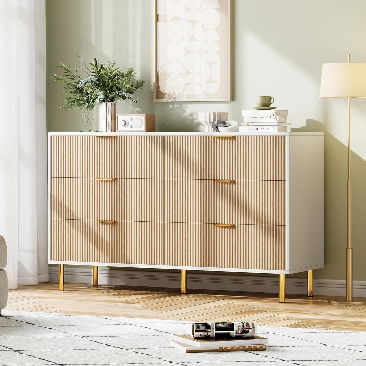 GAOMON 6 Drawer Dresser, Wood Chest of Drawers Organizer Storage with Gold Handle, Large Storage Cabinet, Modern Design Dresser for Bedroom, Living Room, Closet, Hallway, Entryway, Natural
