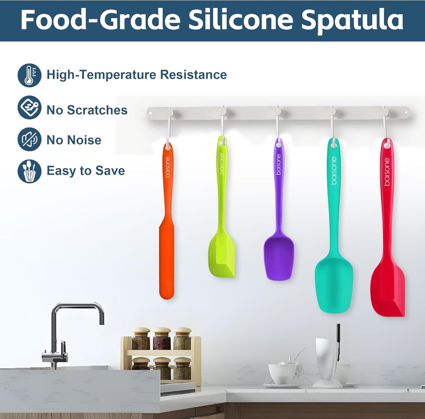 Barsone 5-Piece Silicone Spatula Set（ Heat Resistant 446°F Food Grade BPA Free, Nonstick Cookware Safe Dishwasher Safe Kitchen Tools for Baking, Cooking, Stirring, Multicolor）