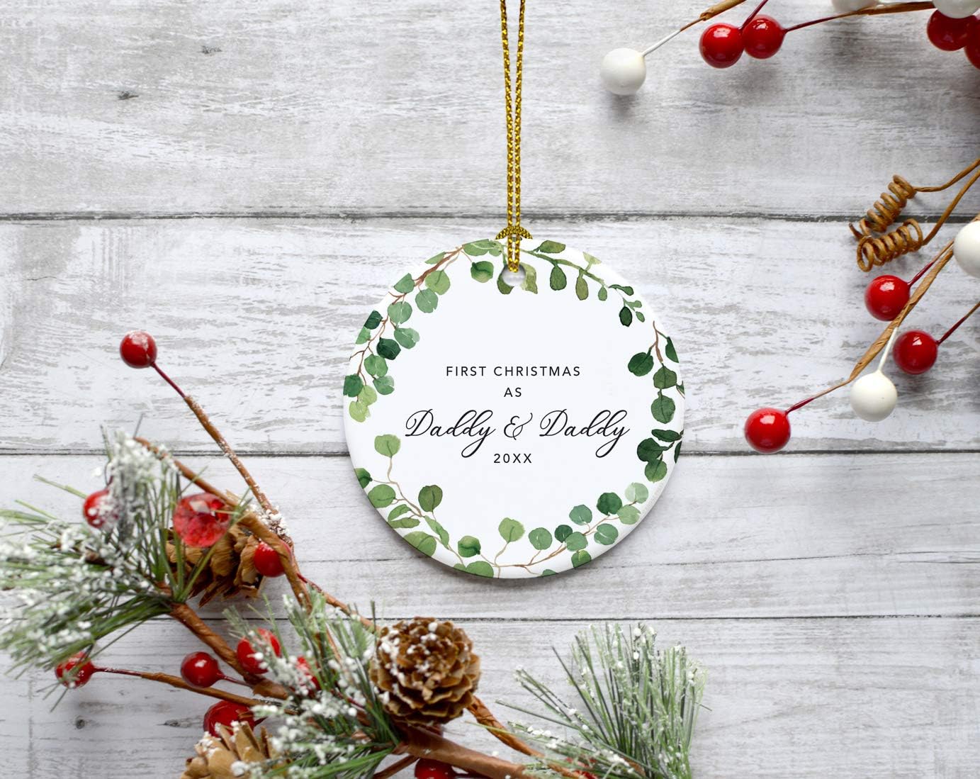 Andaz Press Custom Year Round Ceramic Porcelain Christmas Tree Ornament Keepsake Collectible Gift, First Christmas as Daddy & Daddy 2025, Farmhouse Eucalyptus Wreath, 1-PackGay Couple