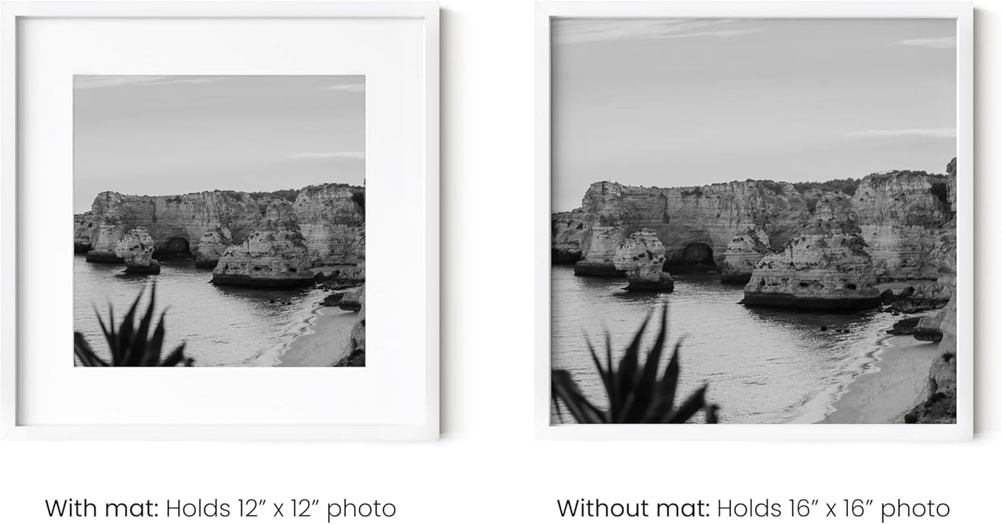 HAUS AND HUES 16x16 White Metal Picture Frames Matted to 12x12 - Features Premium Aluminum & Hanging Hardware, Shatterproof Plexiglass - Ideal for Home, Room, Office (16x16 in, White, Set of 3)