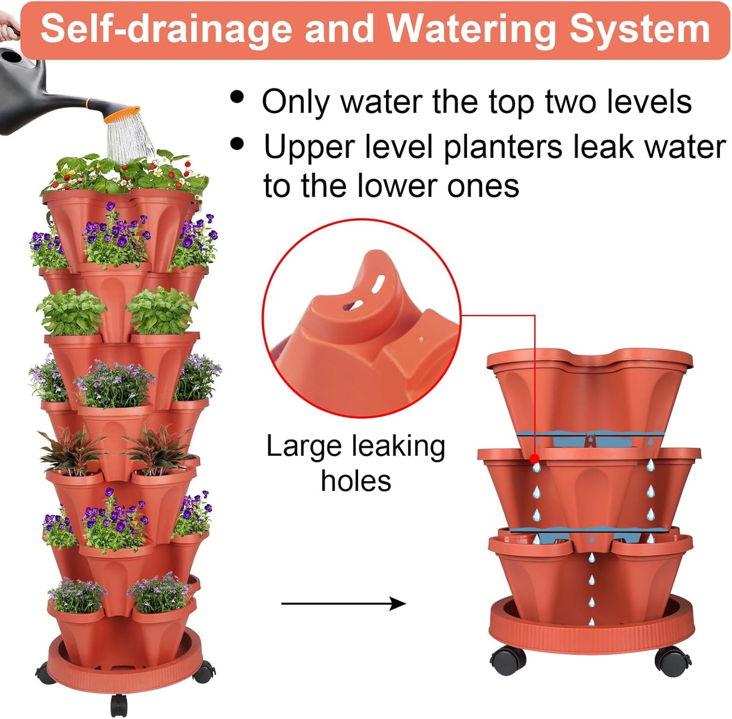 Vertical Planter 7 Tier Stackable Planters Garden Planters Strawberry Herb Flower and Vegetable Planter Indoor Outdoor Gardening Pots with Removable Wheels and Tools 2-Pack