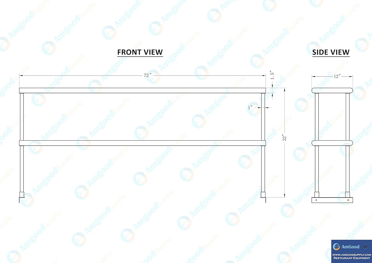 AmGood Double OverShelf Stainless Steel NSF - Many (72" Long x 12" Deep)