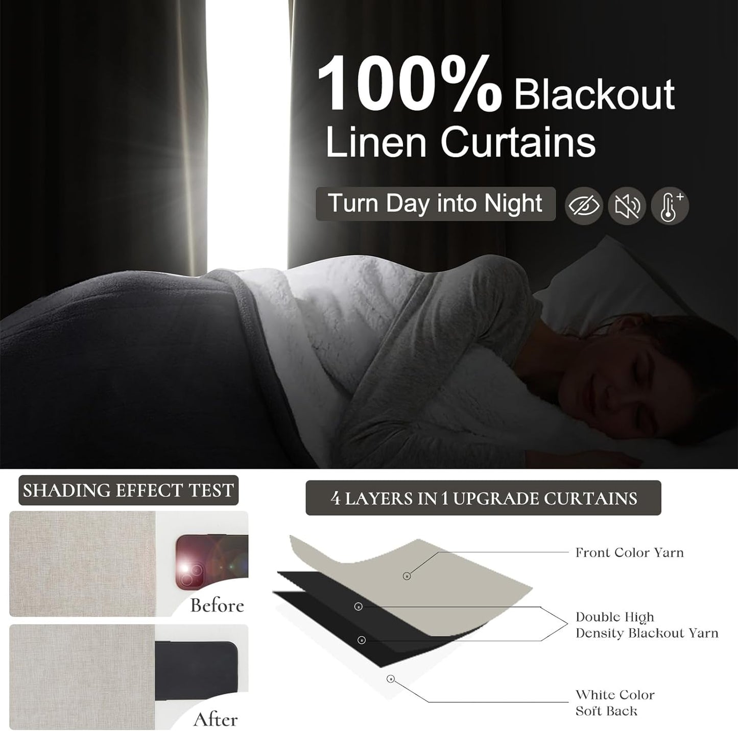 Linen Curtains 120 Inches Long for Bedroom, Ceiling Mount Track Curtains with Back Tab Pinch Pleated Blackout Drapes for Sliding Glass Patio Doors Inside 10 ft Large Window Farmhouse 2 Panels