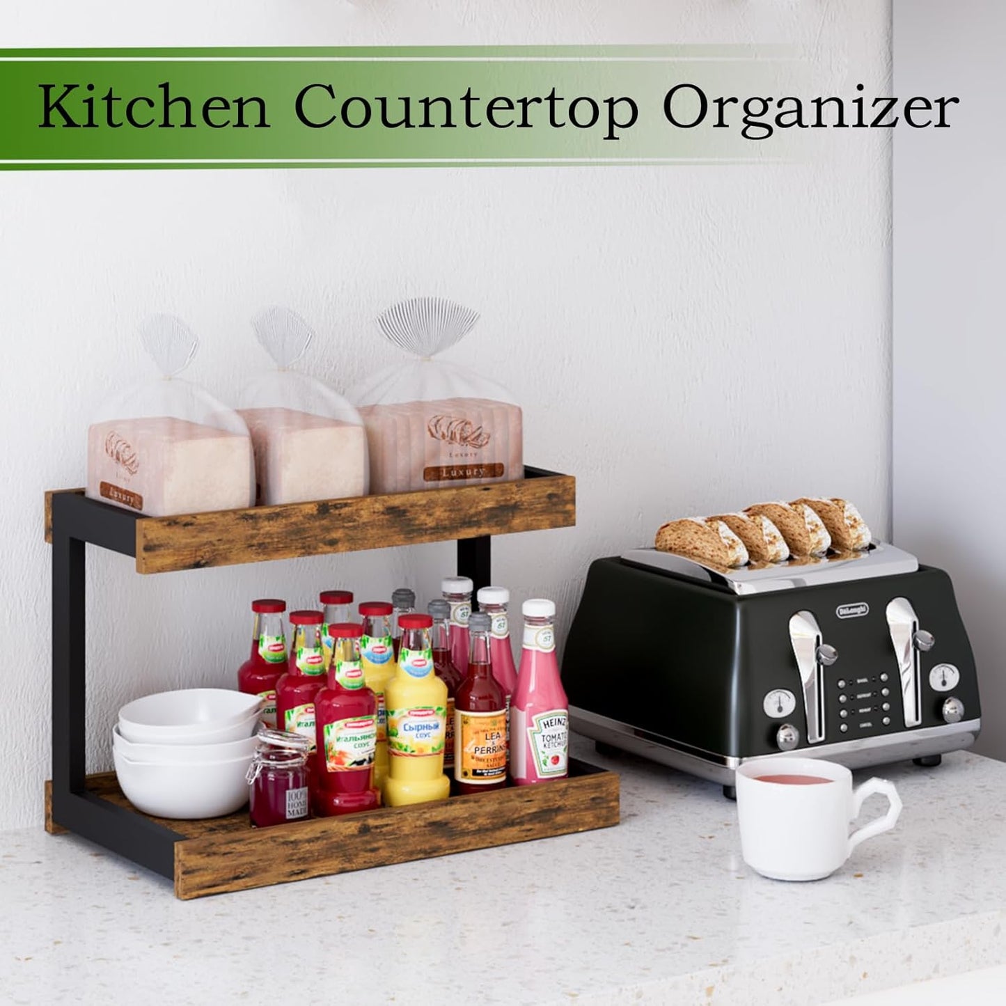 MARTY 2 Tier Spice Rack Organizer for Countertop, 15.8''L Coffee Station/Bathroom Organizer Countertop, Counter Shelf Desktop Storage Organizer for Kitchen, Bedroom, Office (Rustic Brown)