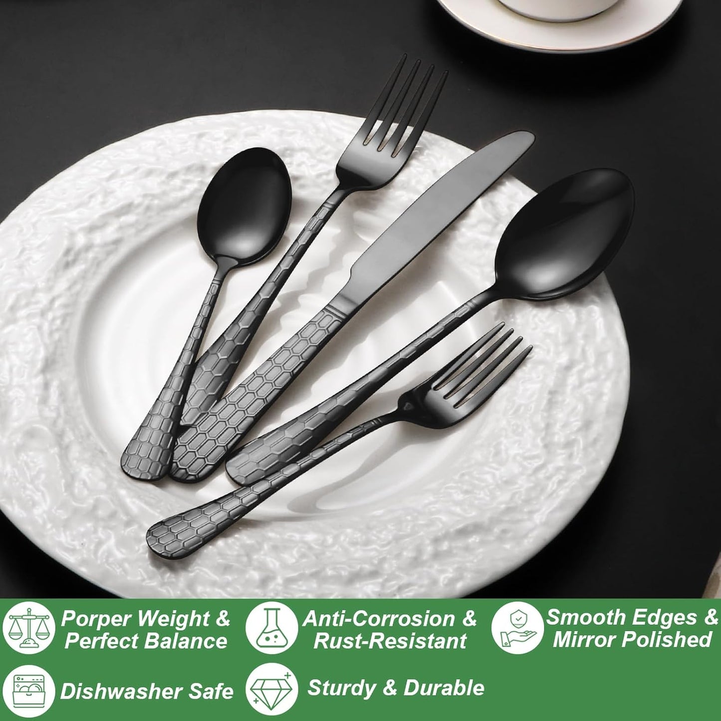 40 Pcs Black Silverware Set for 8 with Water Cube Handle design, Food Grade Stainless Steel Flatware Set, Eating Utensils Sets Include Fork/Knife/Spoon, Reusable Cutlery Set, Dishwasher Safe