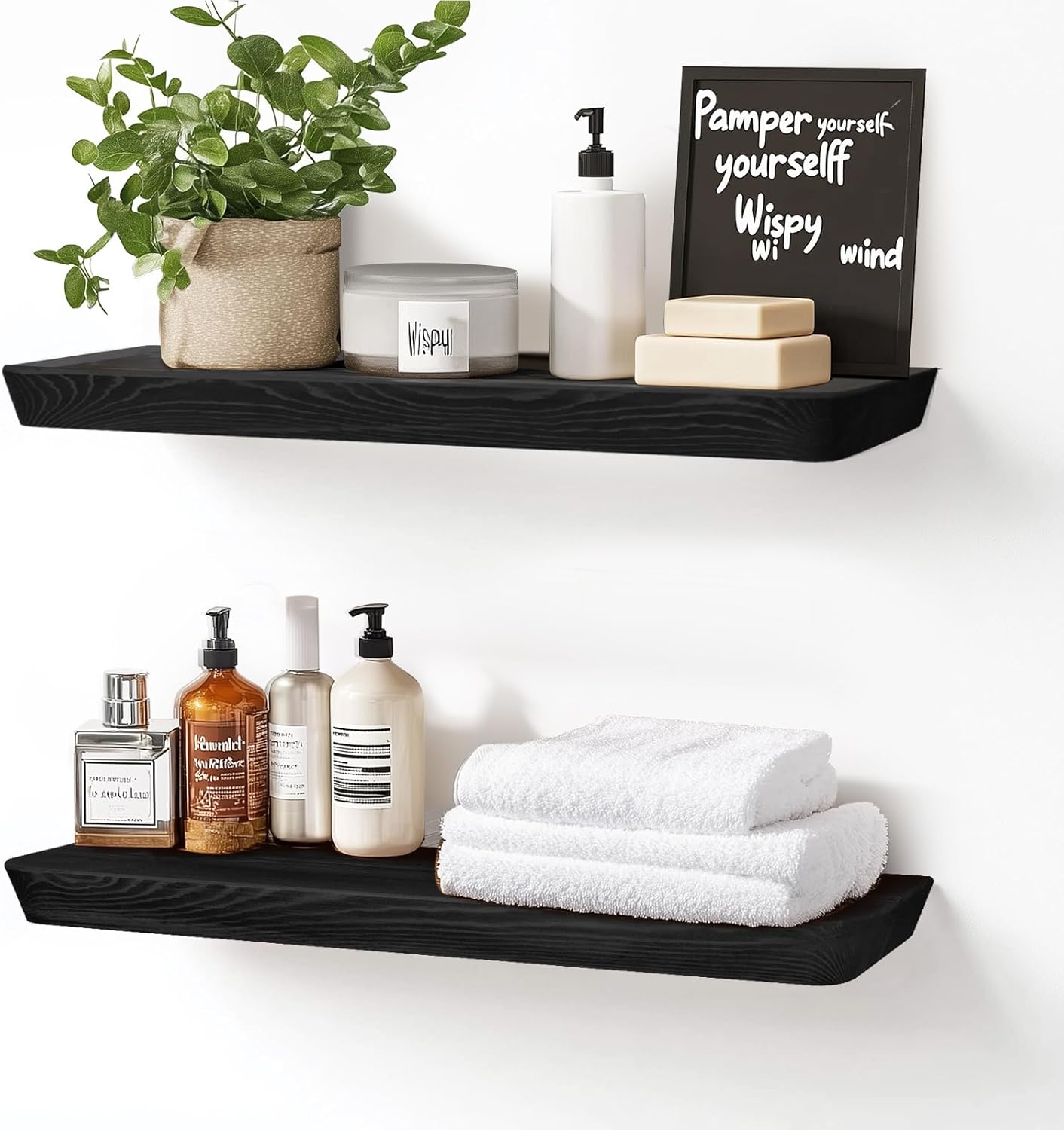 24"x6.8"x1.6" Slanted Floating Wall Shelves 2-Pack - Rustic Black Finish, Heavy-Duty Solid Wood Design with Hidden Brackets - Perfect for Living Room, Kitchen, Bathroom, or Office