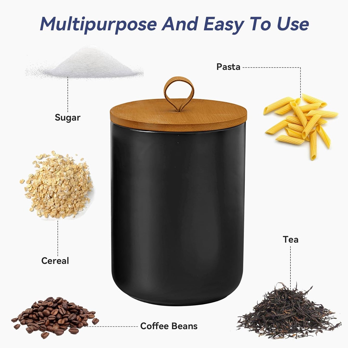 Ceramic Storage Jars, Modern Elegant Highly Polished Airtight Gorgeous Storage Canisters with Wooden Lid Small Food Stroage Jar for Kitchen Spice Tea Vanilla Sugar Coffee Beans (Black trumpet)