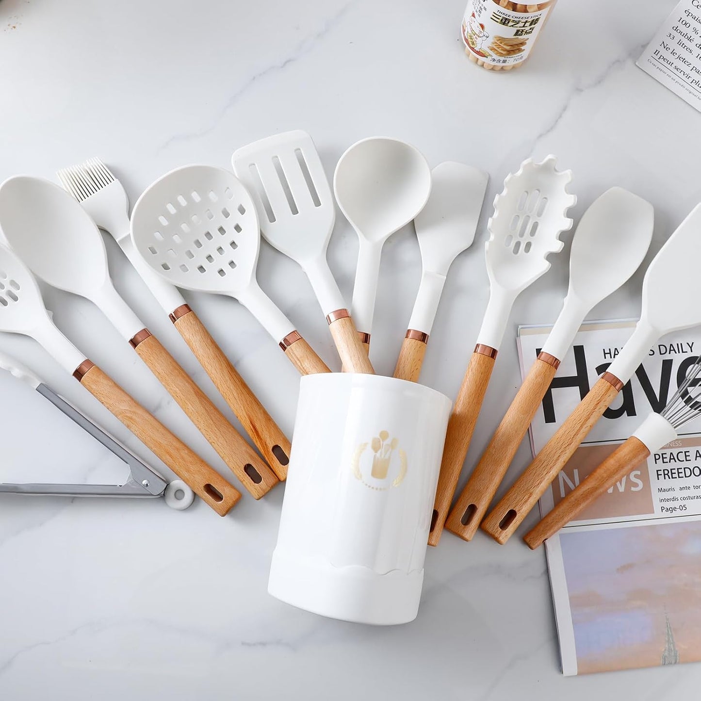 13-Piece silicone utensil set wood handle nonstick cookware safe dishwasher safe kitchen tools BPA free heat resistant (450°F/230°C) ceramic pan safe cooking gifts housewarming (White)