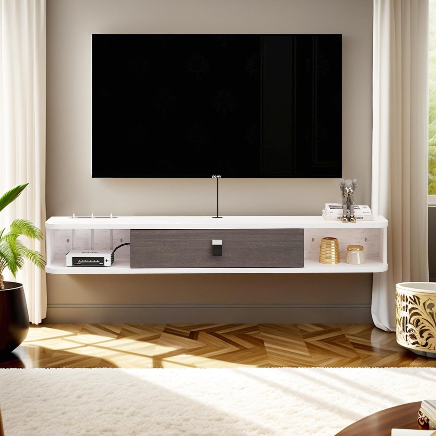 Pmnianhua Floating TV Console,63'' Wall-Mounted Media Console TV Cabinet Floating TV Stand Entertainment Shelf with Door and Storage (Grey White)