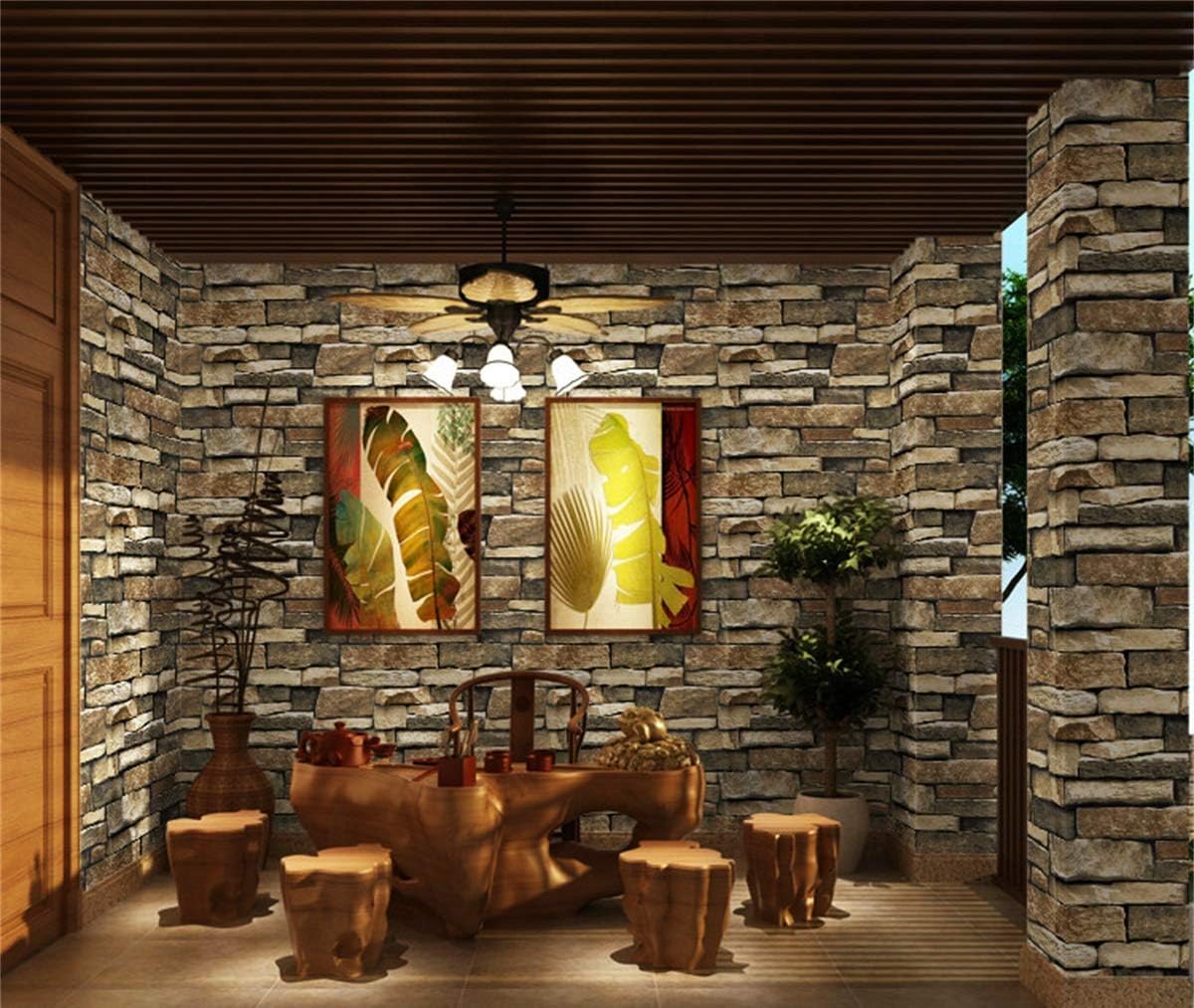 TUOKING Peel and Stick Stone Wallpaper Self-Adhesive Removable Wallpaper Home Decoration for Bedroom, Kitchen 17.7 in x 32 ft, Stone Brick