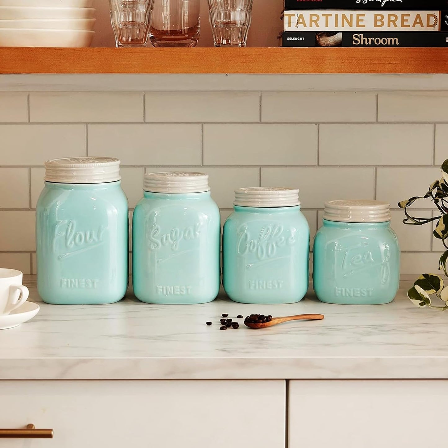 Young's Inc. 4 Pcs Set Blue Lagoon Nautical Ceramic Canisters- Storage Container for Kitchen and Bathroom - Beautiful Home Decor Accent to Store Food, Coffee, Tea, and More - White, Blue