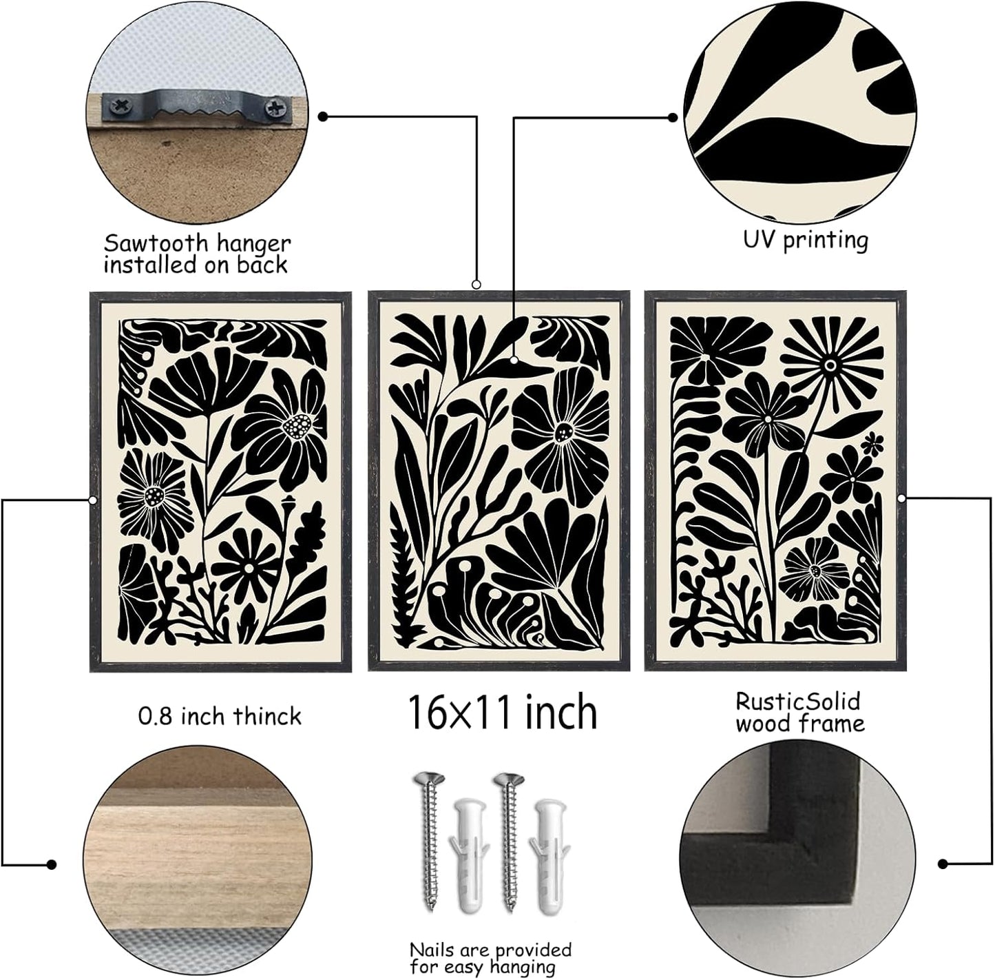 Abstract Floral Botanical Wall Art 16x11 Inch 3 Piece Black Vintage Boho Plant Flower Minimalist Wood Frame Sign Home Living Room Family Office Mid Century Print Wall Hanging Decor (Black)