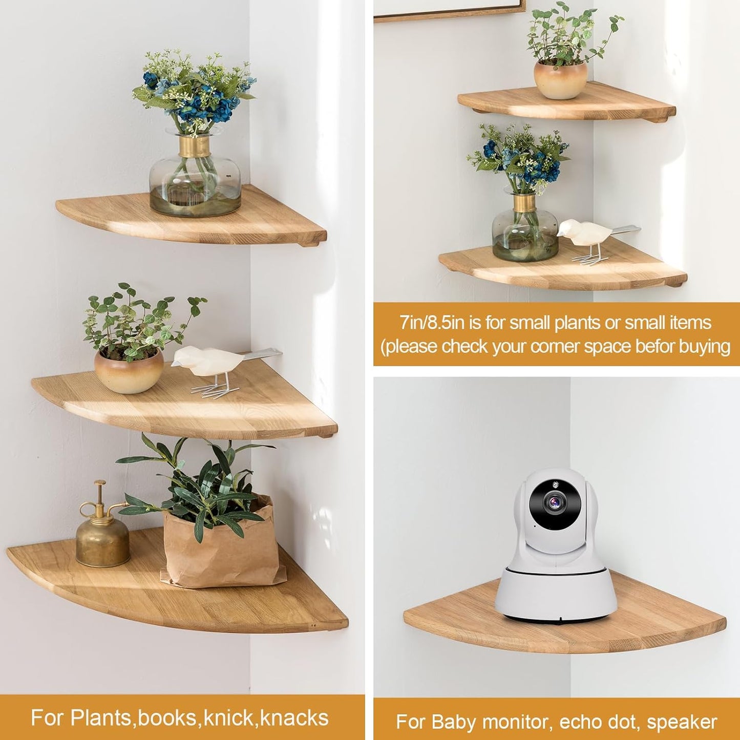 Corner Shelves, Floating Corner Shelf, Set of 2 12inch Solid Oak Wood Wall Shelves, Round End Wall Mount Display Shelf with Wire Hole for Bedroom Kitchen, Living Room