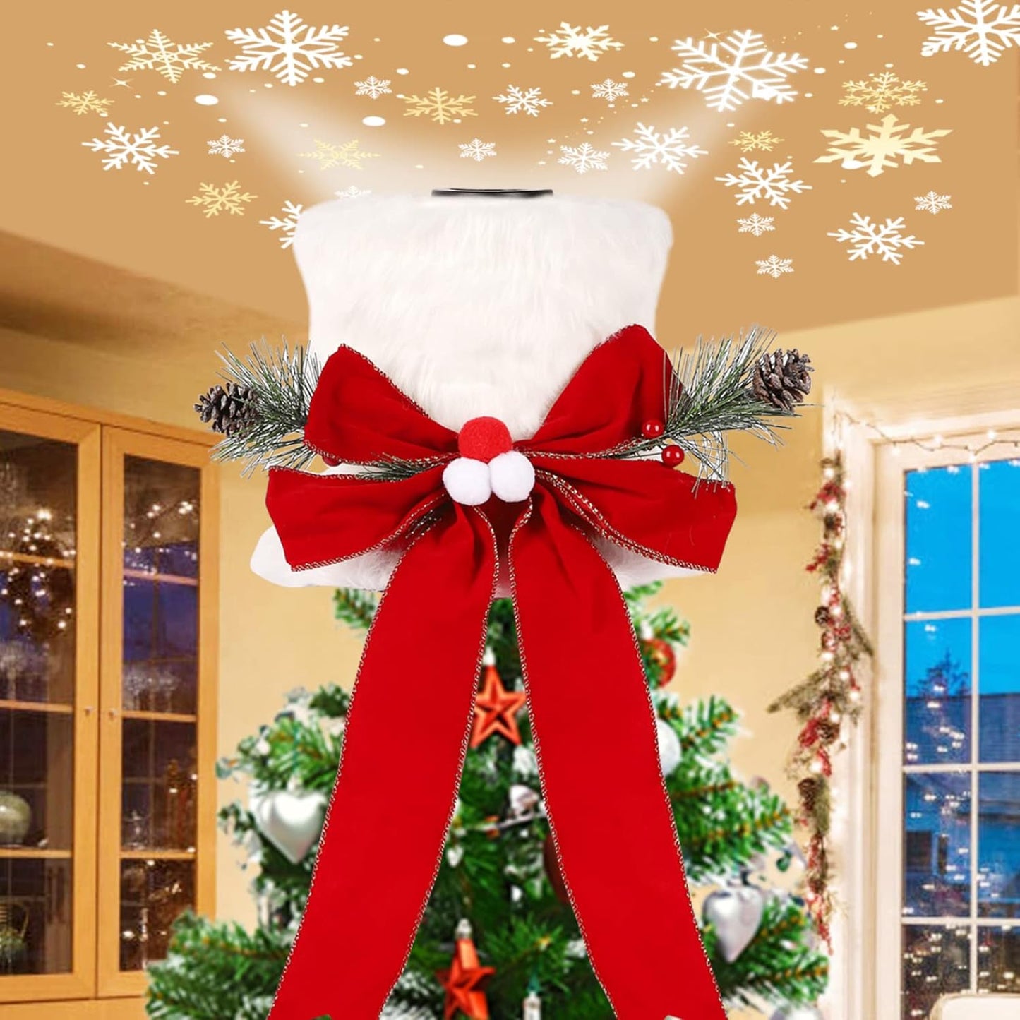 Christmas Tree Topper Hat with 3D LED Rotating Snowflake Projector, White Plush Tree Toppers Red Bow Decorations for Christmas Tree Holiday Winter Party Indoor Decorations