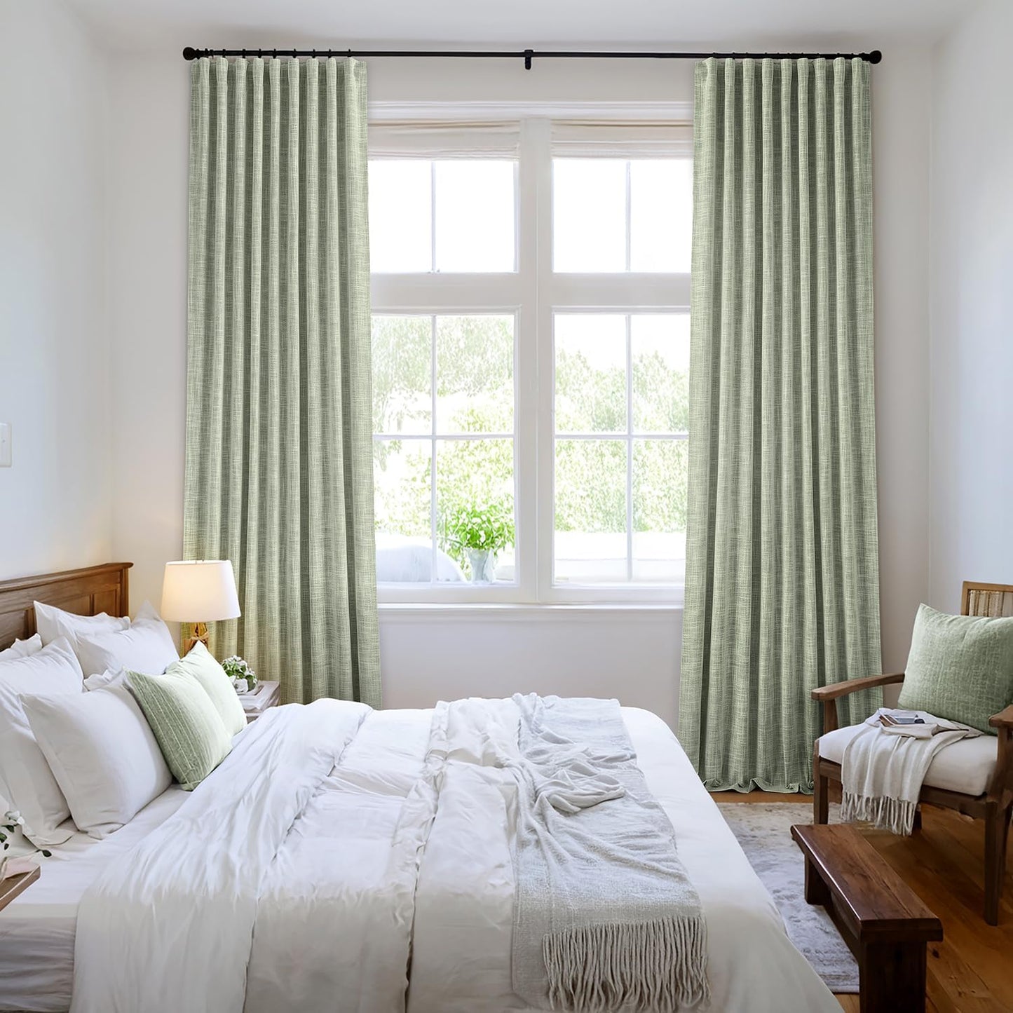MIULEE Sage Green 100% Blackout Linen Curtains 102 Inch 2 Panels Set Double Sided No Coating Pinch Pleated Back Tab Floor to Ceiling Black Out Thermal Insulated Bedroom Living Room Darkening Drapes