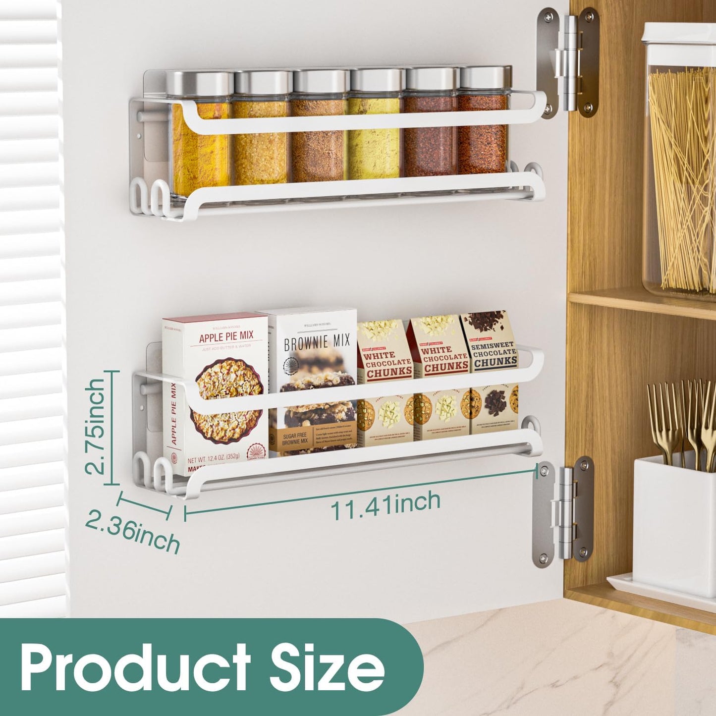LUCYCAZ 4 Pack Wall Mounted Spice Rack with 16 Hooks, Spice Organizer Shelf for Stove Cabinet Pantry Door,Screw or Adhesive Spice Shelf Hanging Wall Spice Rack in Kitchen and RV (White, 4 PACK)