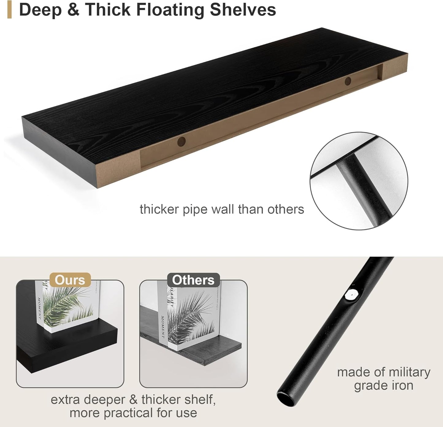 Heimlove Black Bathroom 12'' Deep Floating Shelves for Wall - Shelf Over Toilet Wall Mounted Farmhouse 24 inches,Rustic Wood Shelves Decor & Storage,Set of 1