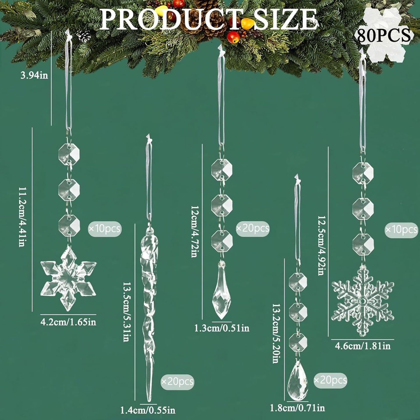 80pcs Christmas Tree Decoration Crystal Ornaments - Acrylic Christmas Snowflake Ornaments Icicle Drop Crystal Hanging Ornaments for Xmas Tree Winter Wonderland Holiday Frozen Party Decor