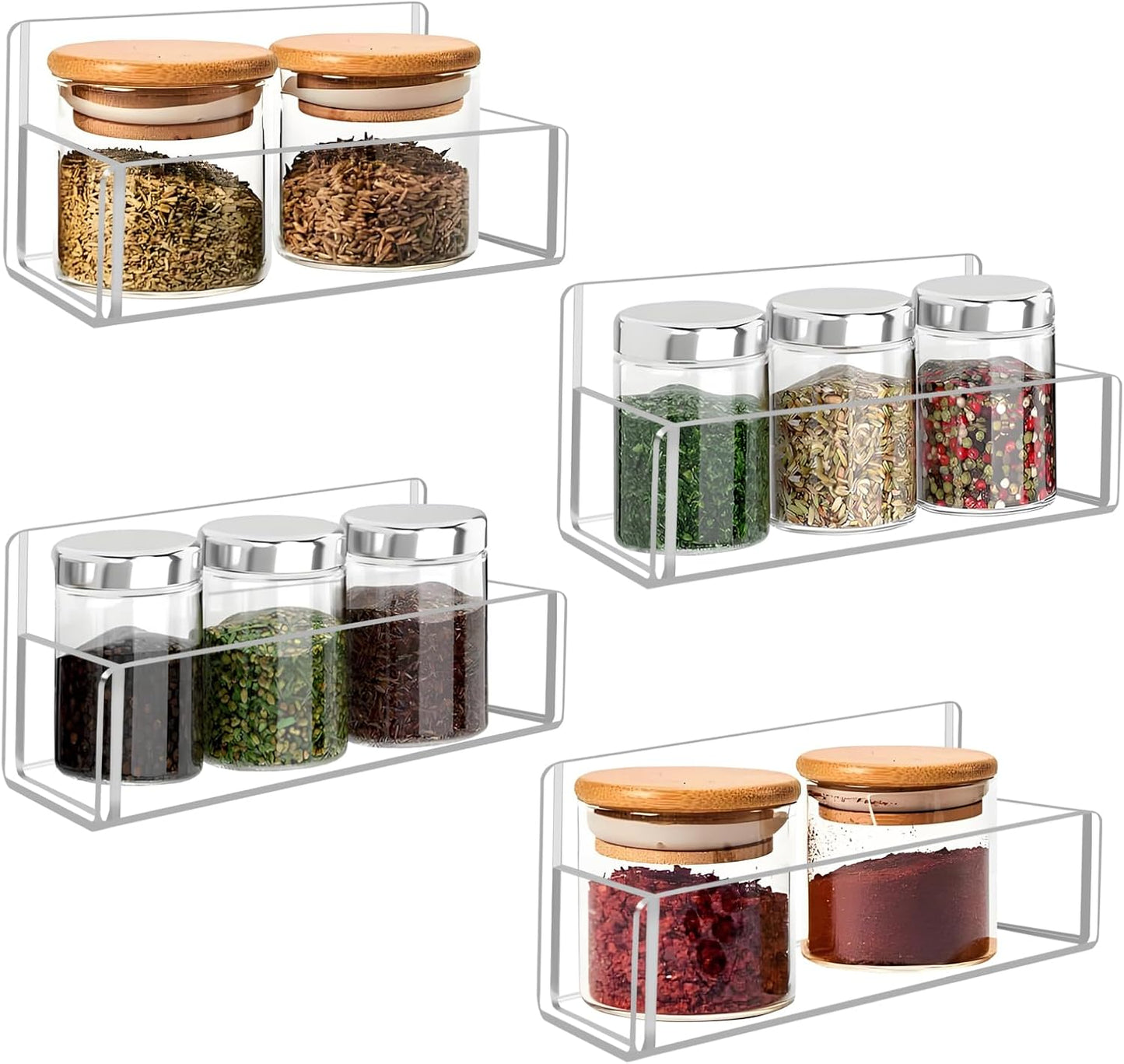 Acrylic Spice Rack Wall Mount-6 Inch, Clear Spice Shelf Storage Holder, 4 Pack Hanging Seasoning Rack Organizer for Cabinet Door, Cupboard or Wall Kitchen (Adhesive or Screw)