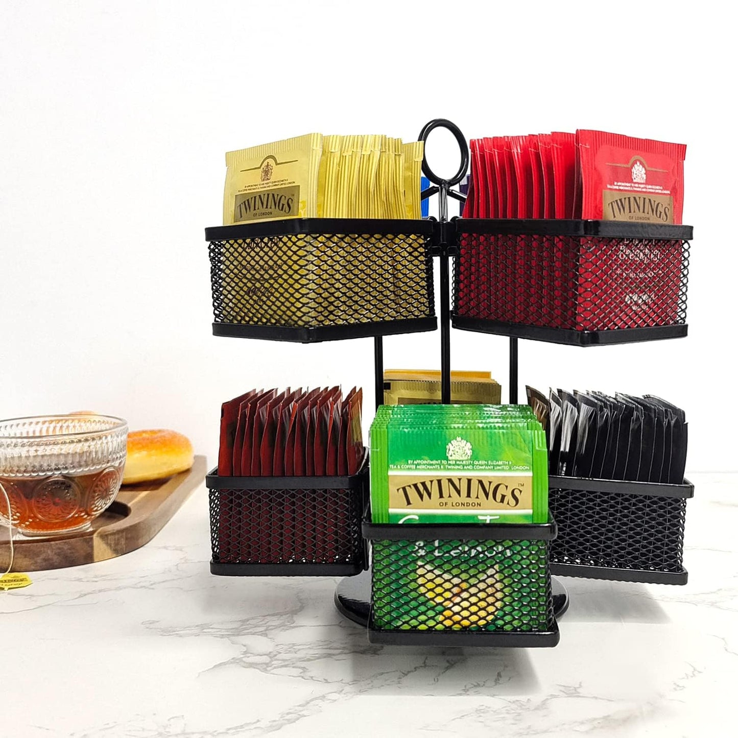 Tea Bag Organizer Coffee Holder Storage Spinning Carousel Basket Black Adjustable Tea Caddy For Kitchen Counter, Countertop, Cabinet