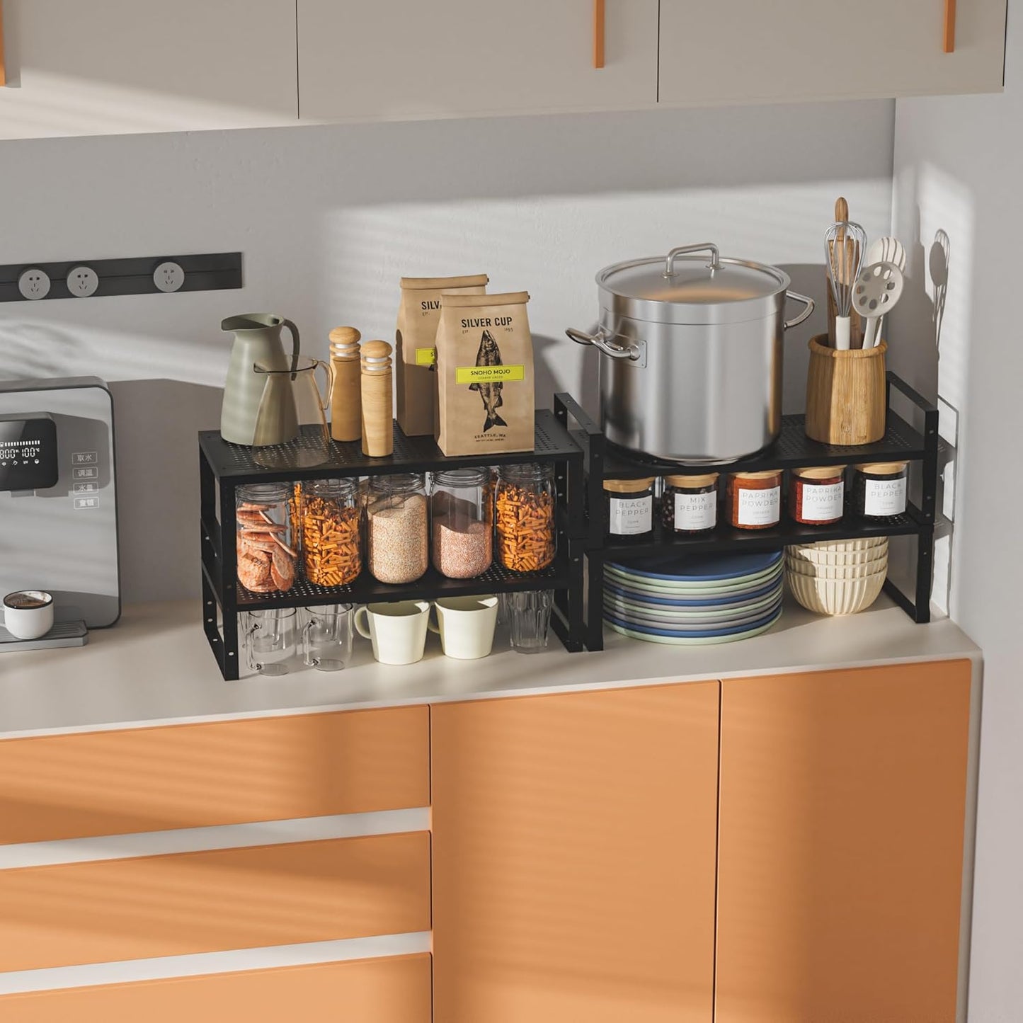 Expandable,Adjustable & Stackable Spice Rack, Cabinet Kitchen Countertop Shelf Organizer,Metal Pantry Storage Shelves - Space-Saving Storage Solution(2Packs/Black/Medium)