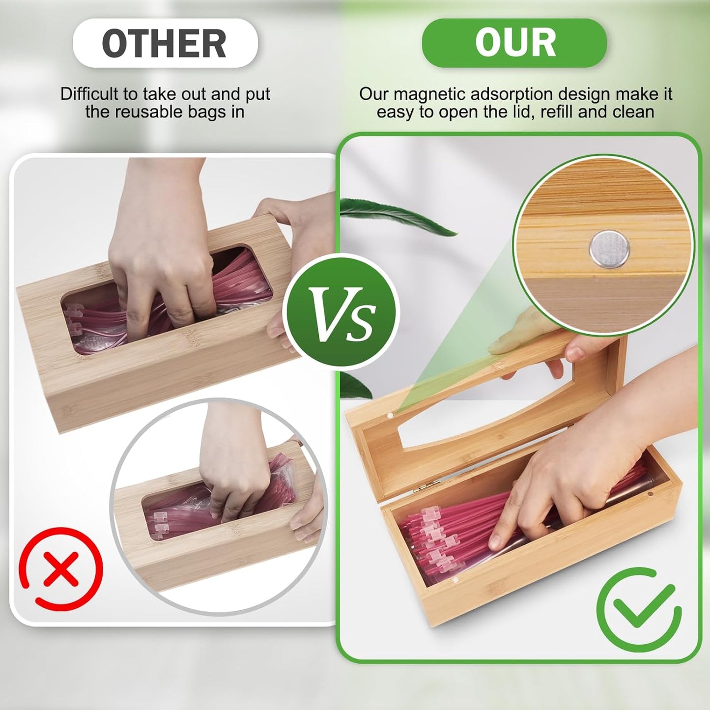 Individual Storage Bag Organizer for Kitchen Drawer, Bamboo with Foil and Plastic Wrap Organizer for Kitchen Organizers and Storage, for Gallon, Quart, Sandwich, Snack