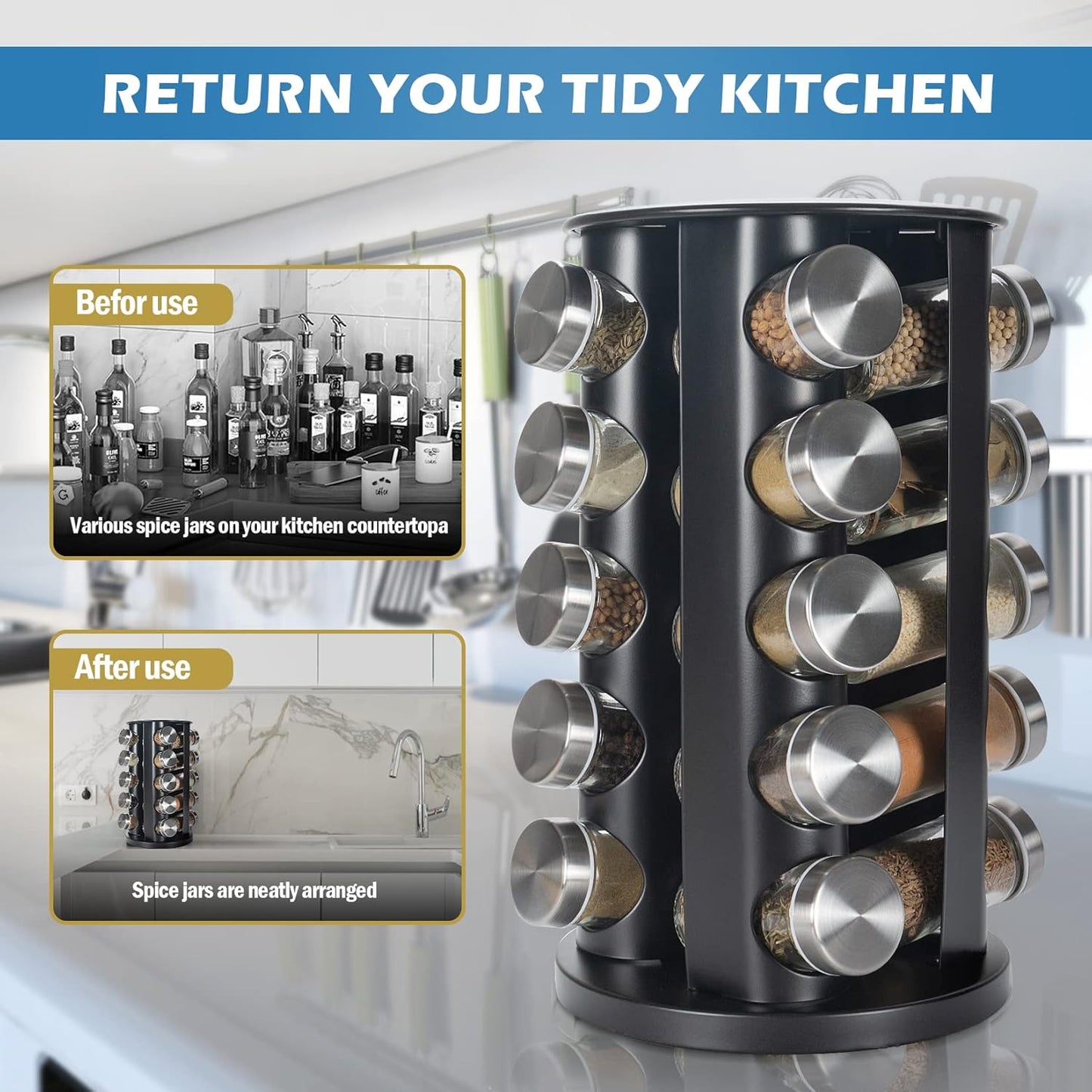 Black Countertop Revolving Spice Rack, Empty 20-Jars Rotating Spice Rack Organizer, Round Carousel Tower, 135 Spice Labels with Funnel Complete Set, for Kitchen Countertop, Cabinet