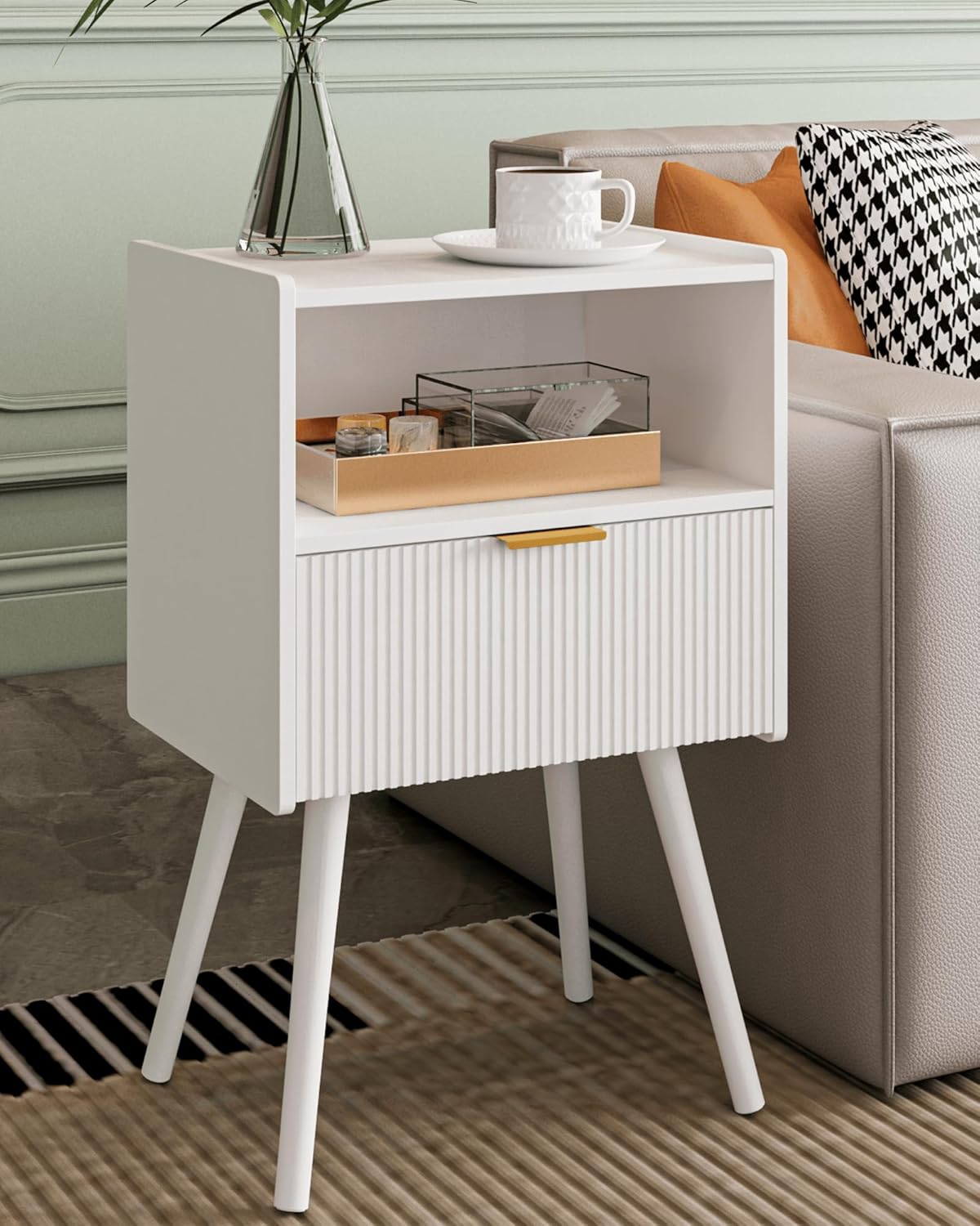 Nightstand,Modern Bedside Table with Storage Drawer and Open Wood Shelf, Accent Night Stand with Solid Wood Legs for Living Room, Bedroom and Small Spaces,Easy Assembly (White)