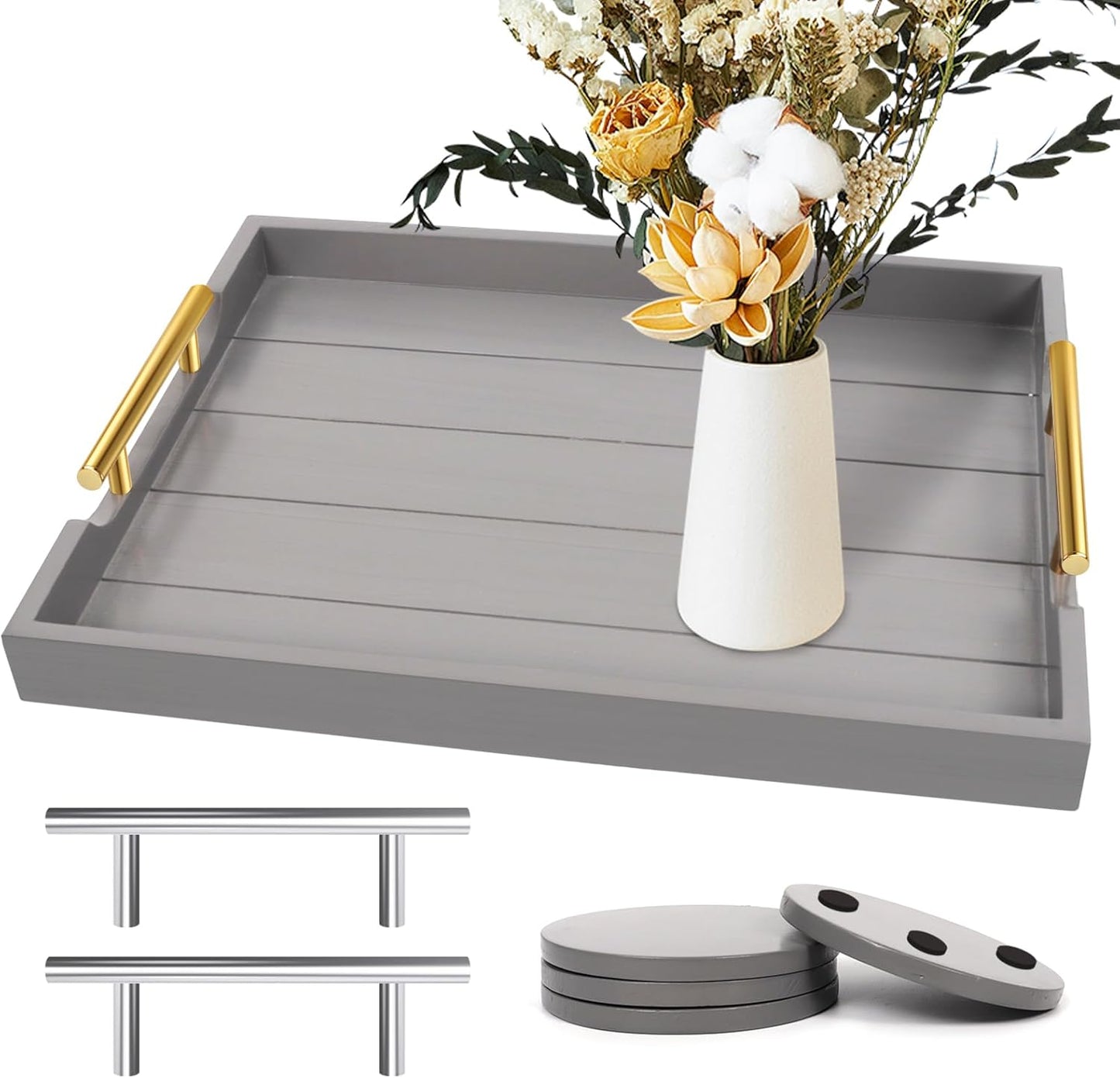 Coffee Table Tray - Large Ottoman Trays for Living Rooms - Wood Serving Tray with Handles(2 Sets) - Wooden Tray for Coffee Table, 4 Round Coasters Included, Gray