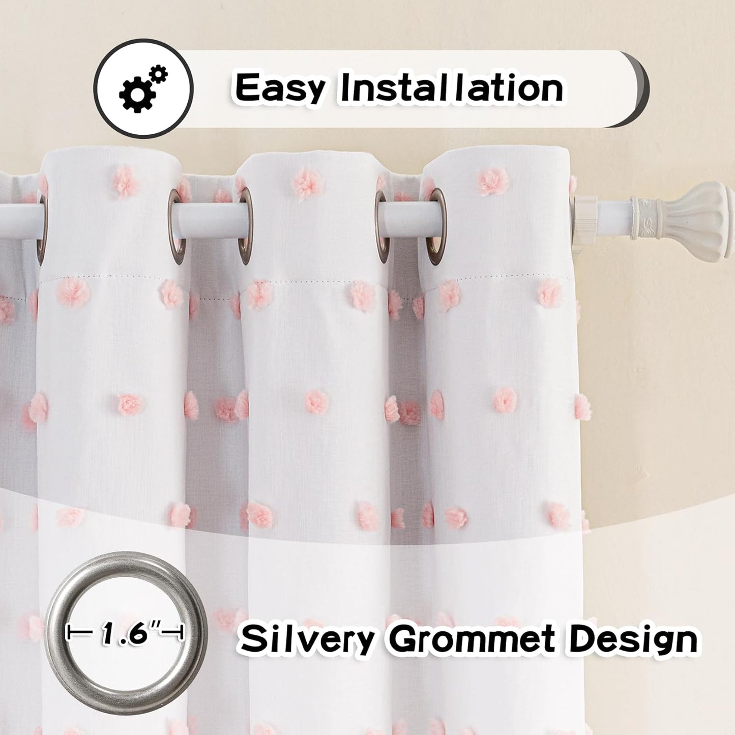 MYSKY HOME Total Blackout Curtains for Girls Bedroom 90 Inch Long 100% Light Blocking Curtains for Living Room 2 Panels Room Darkening Grommet Double Layer Drapes with Pink Pom Pom Sheer 52W x 90L