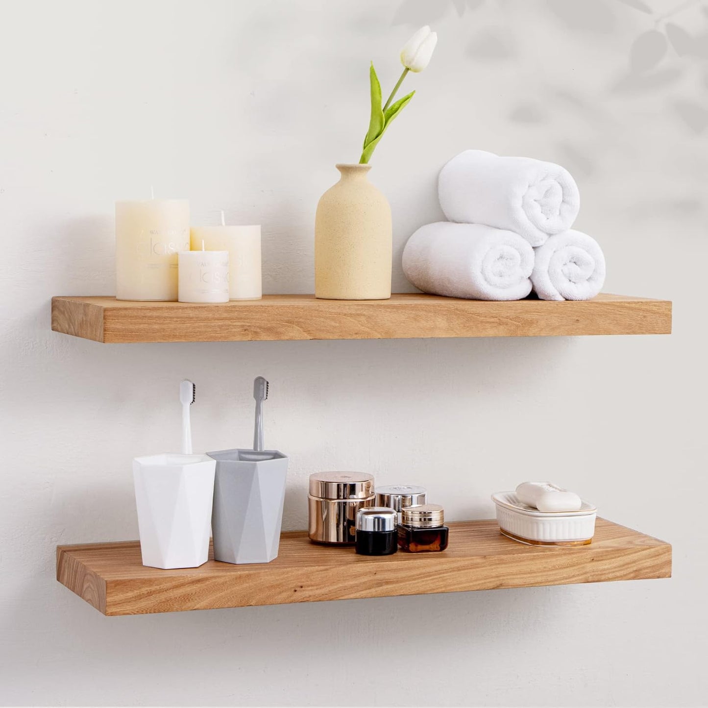 Axeman Floating Shelves for Wall, 24''W x 8'' D Rustic Solid Elm Wood Shelves for Storage, Wall Mounted Display Shelving with Invisible Heavy-Duty Metal Bracket (Natural, 2PCs)