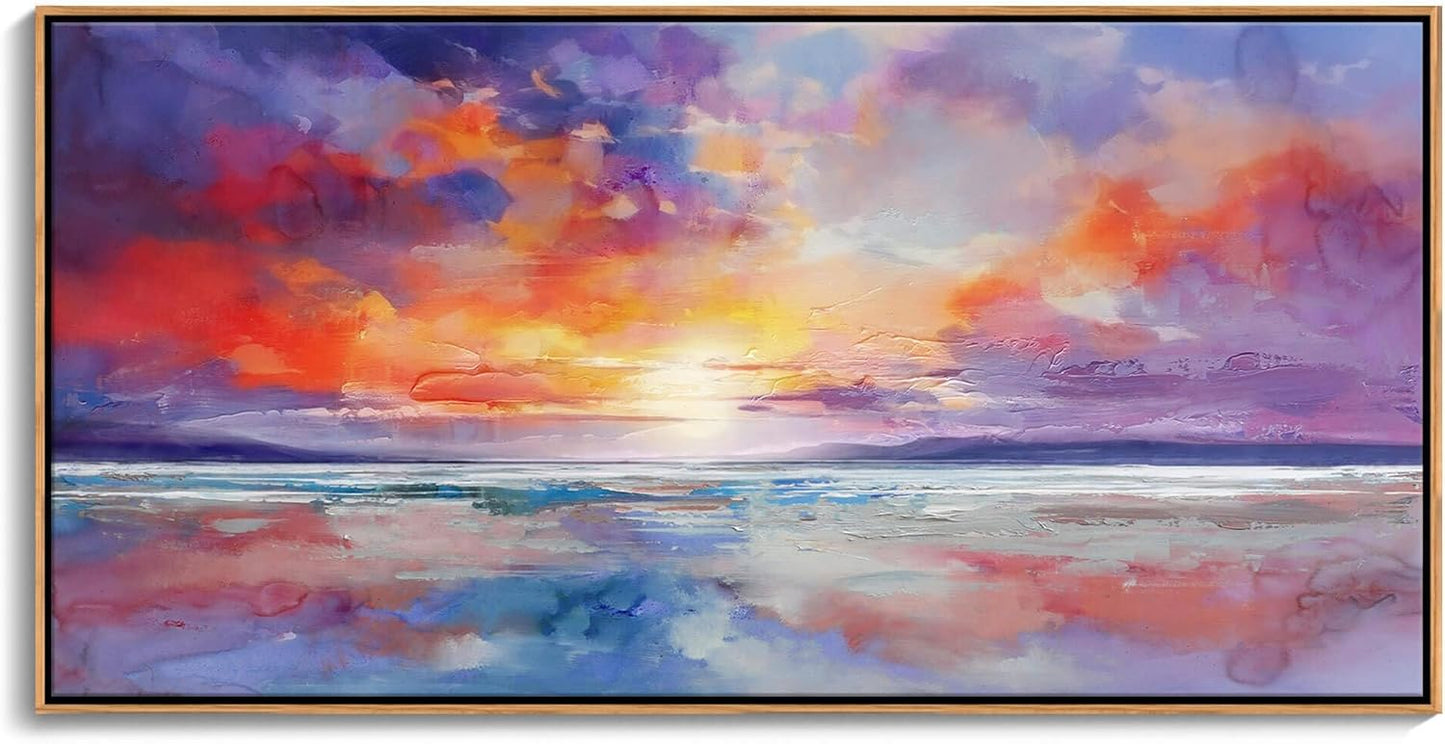 DUNHUANG ART Vibrant Ocean Sunset Canvas Wall Art - Beach Decor & Sunrise Poster - Red Scenery Poster for Living Room & Bathroom - 24"x48"