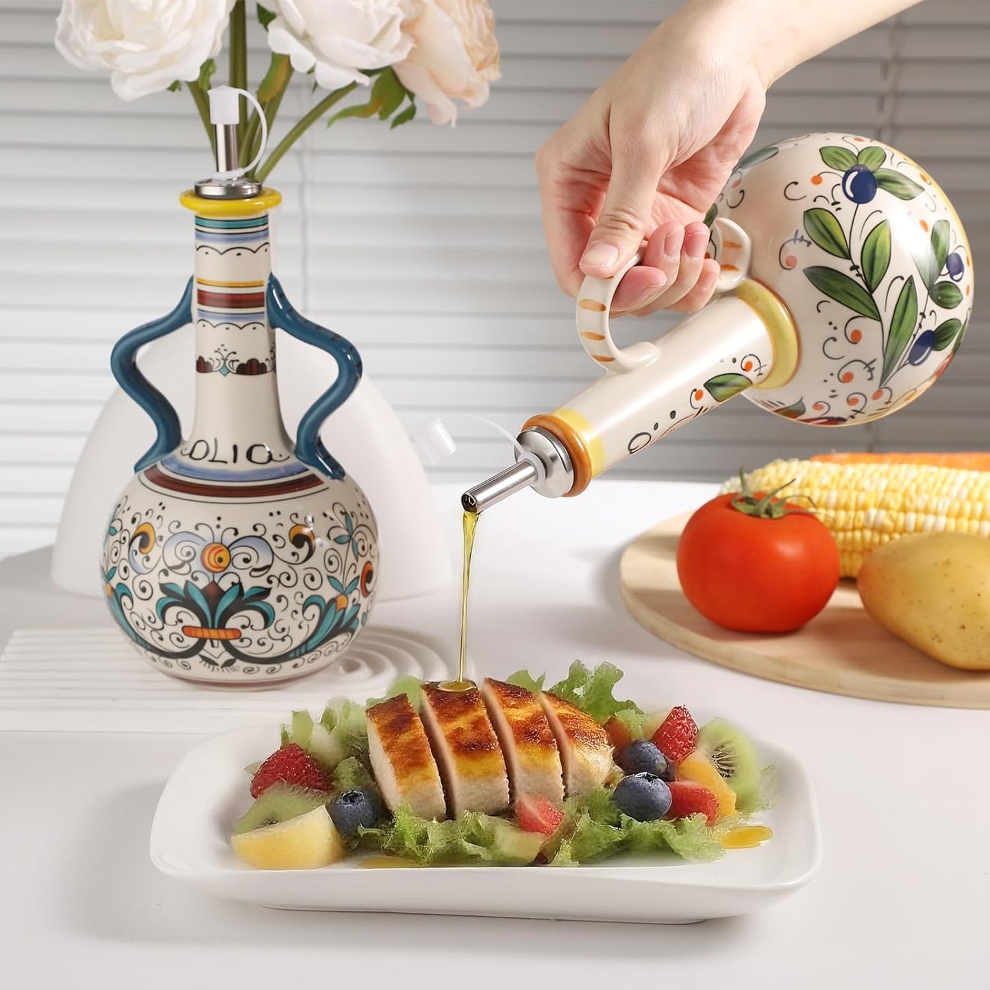 Ceramic Olive Oil Dispenser Bottle 23oz with Handles, Hand Painted Multi-Use Oil Cruet & Flower Vase, Decorative Stoneware Kitchen Cruet with Stainless Steel Spout for Oils, Sauces, Vinegar (B)