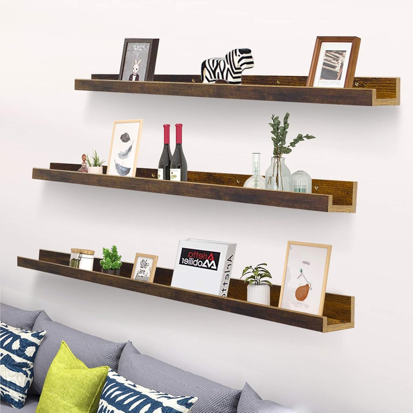 Giftgarden 47 Inch Long Floating Shelves for Wall, Rustic Picture Ledge Large Shelf for Living Room Bedroom Bathroom Kitchen, Set of 3 Different Sizes