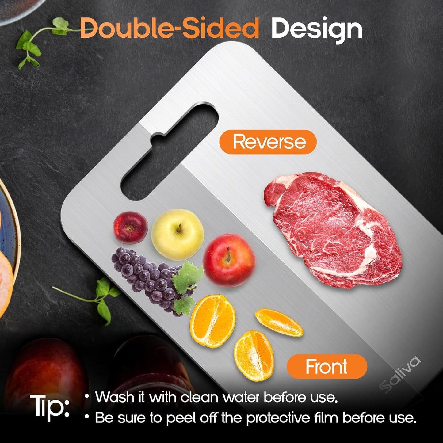 Saliva Titanium Cutting Boards for Kitchen, Cutting Board Double Sided Food Grade, Dishwasher Safe, No Blunt Knife, Chopping Boards with Handle for Meat, Fruit & Vegetable (16x12in)