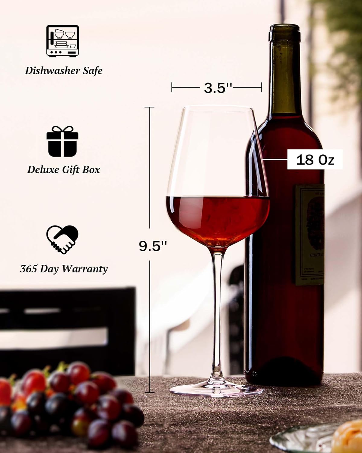 JBHO Hand Blown Italian Style Crystal Bordeaux Wine Glasses - Great Gift Packaging - Red Wine Glasses Lead-Free Premium Crystal Clear Glass - Set of 2-18 Ounce