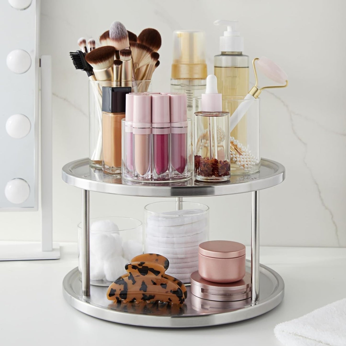 Juvale 2-Tier Lazy Susan Spice Rack Organizer for Cabinet - Stainless Steel Spice Carousel - Pantry & Kitchen Countertop Organizer (10.5 in)