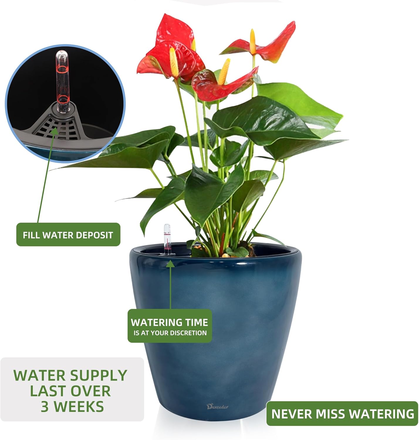 Dexceder 13x12 Self Watering Planter with Wheels Indoor Outdoor, Inner Pot Design, Thickened Large Floor Standing Flower Plant Pot with Water Level Indicator (Grayish Green Gradient)