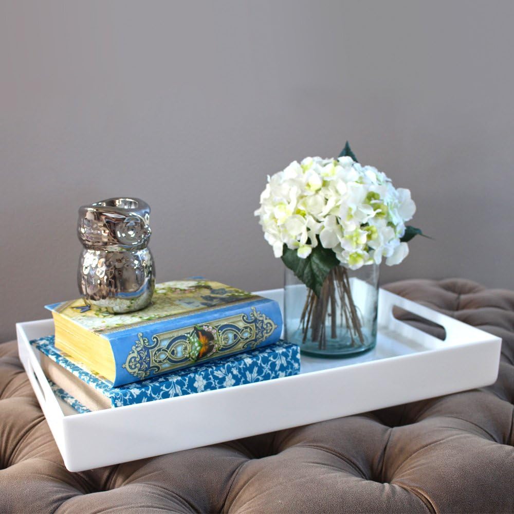White Acrylic Serving Tray for Vanity, Bathroom, Ottoman, Organizer and Décor with Handles (Rectangle, Large)