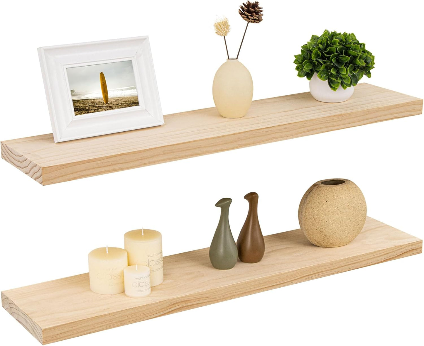 Fun Memories 36 Inch Floating Shelves for Wall, Deep Rustic Solid Pine Wood Wall Shelves for Storage - Farmhouse Wall Mounted with Heavy-Duty Metal Bracket, 36" W x 8" D, Set of 2,Unfinished