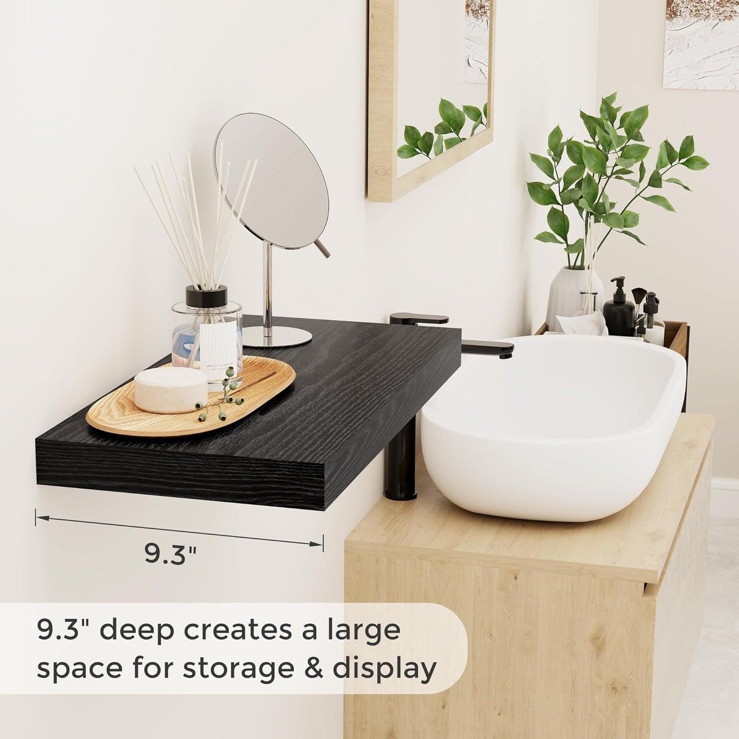 Fun Memories Black Floating Shelves 16 Inch Long, 9 Inch Deep Wall Shelf for Bathroom, 16 x 9 Floating Shelf for Living Room, Bedroom, Kitchen, Rustic Wood Shelves for Wall, Set of 2