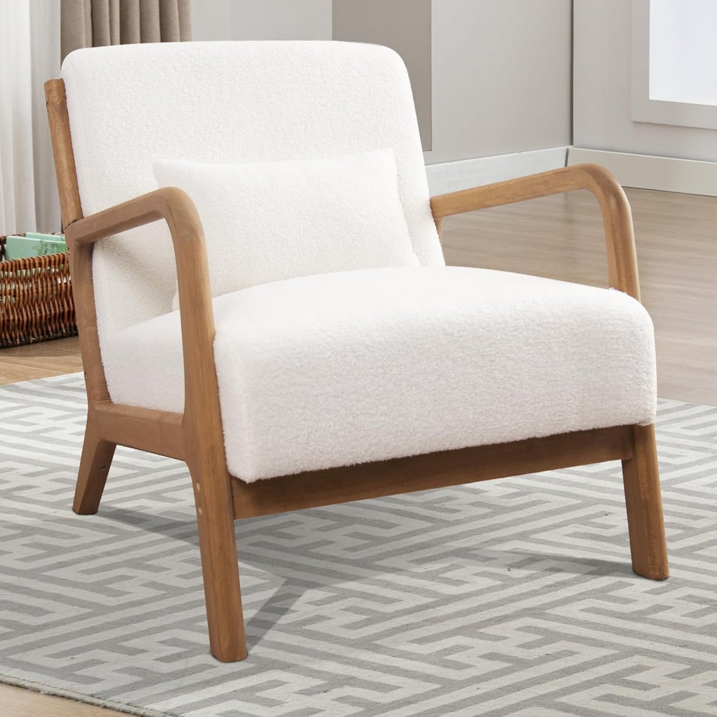 INZOY Mid Century Modern Accent Chair Set of 2, Lamb Wool Fabric Living Room Chairs with Waist Cushion, Upholstered Reading Armchair for Bedroom Sunroom
